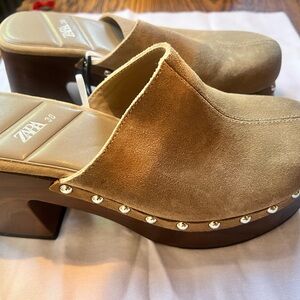 Zara Beige Suede Studded Mules